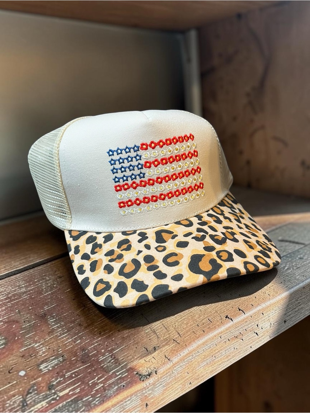 Leopard Brim Trucker Hat with Sequin Flag - White